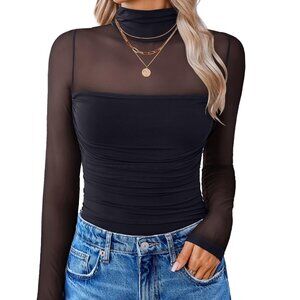 Avidlove Black Small — Mesh Turtleneck Bodysuit Ruched, Thong Back, Y2K Top
